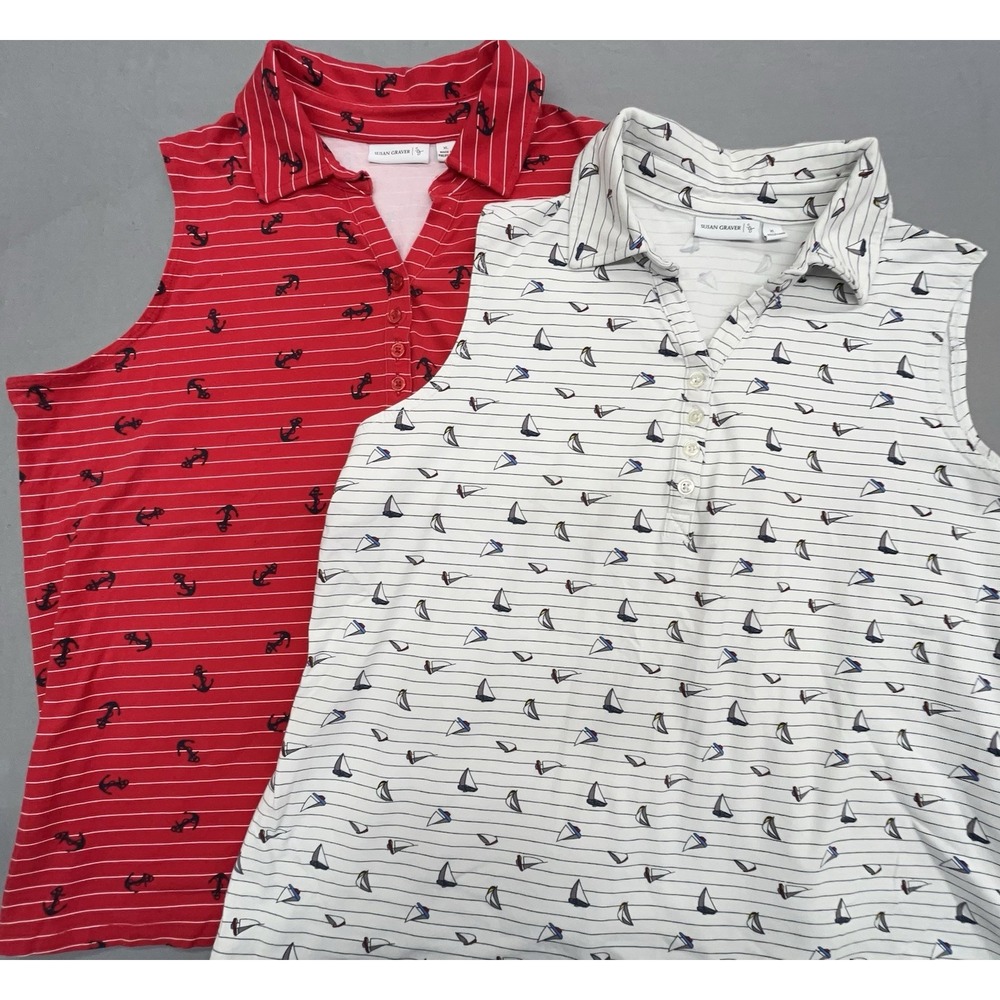 Susan Graver Top XL Lot Of 2 Red White Sleeveless Cotton Stretch Nautical Vacay‎